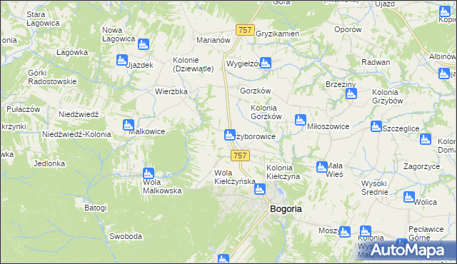 mapa Przyborowice gmina Bogoria, Przyborowice gmina Bogoria na mapie Targeo