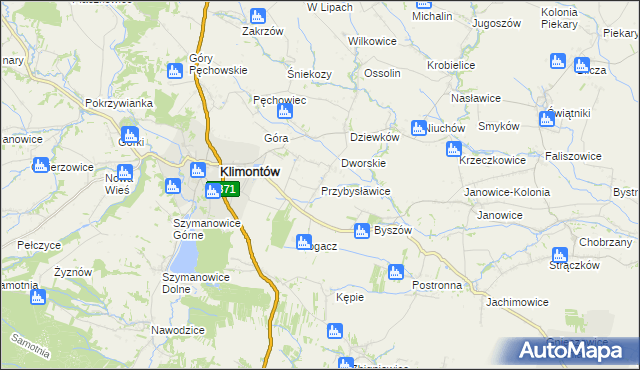 mapa Przybysławice gmina Klimontów, Przybysławice gmina Klimontów na mapie Targeo