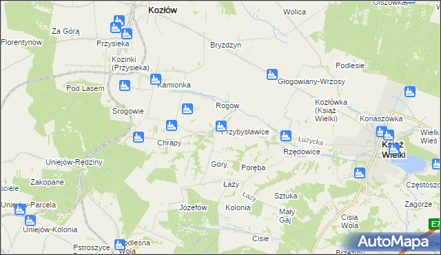 mapa Przybysławice gmina Kozłów, Przybysławice gmina Kozłów na mapie Targeo