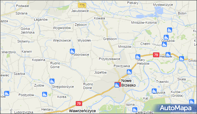 mapa Przybysławice gmina Nowe Brzesko, Przybysławice gmina Nowe Brzesko na mapie Targeo