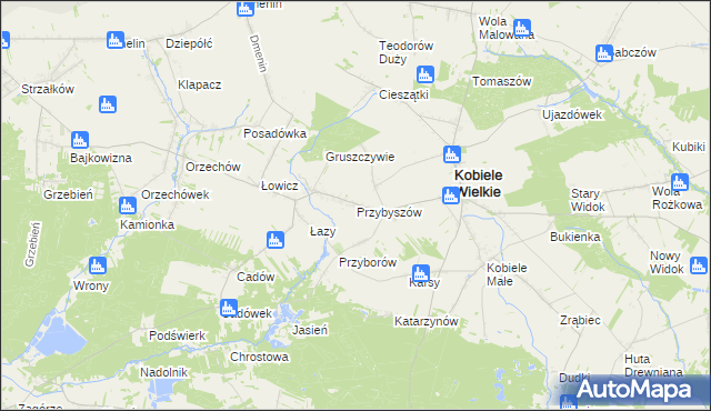 mapa Przybyszów gmina Kobiele Wielkie, Przybyszów gmina Kobiele Wielkie na mapie Targeo