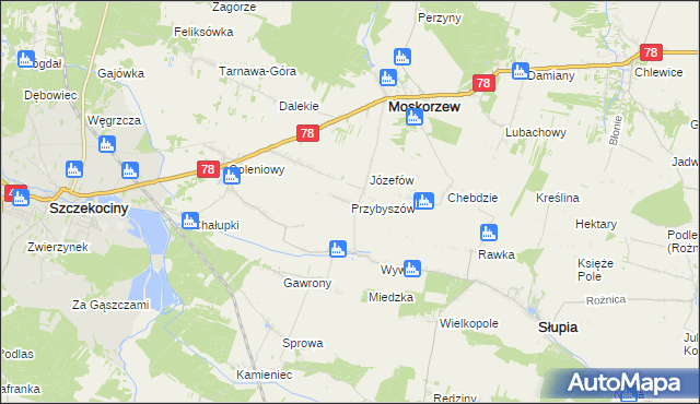 mapa Przybyszów gmina Moskorzew, Przybyszów gmina Moskorzew na mapie Targeo