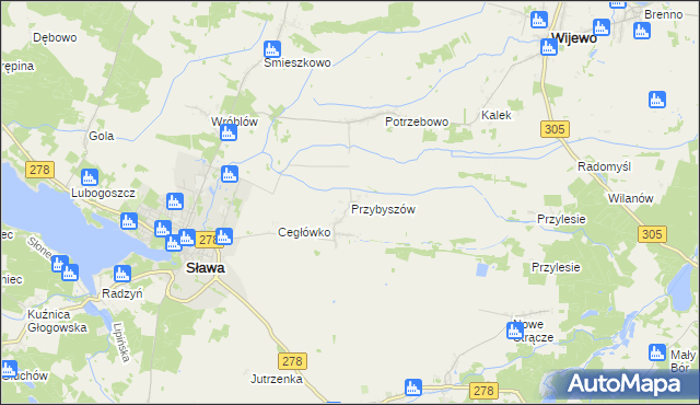 mapa Przybyszów gmina Sława, Przybyszów gmina Sława na mapie Targeo