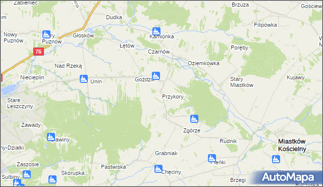 mapa Przykory gmina Miastków Kościelny, Przykory gmina Miastków Kościelny na mapie Targeo