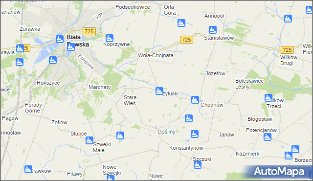 mapa Przyłuski gmina Biała Rawska, Przyłuski gmina Biała Rawska na mapie Targeo