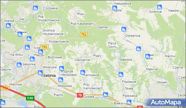 mapa Psary gmina Trzebinia, Psary gmina Trzebinia na mapie Targeo