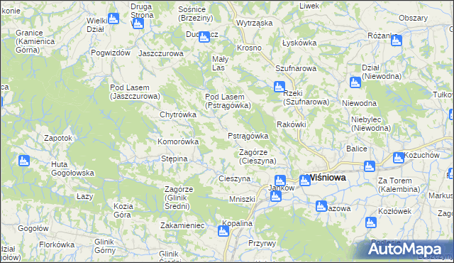mapa Pstrągówka gmina Wiśniowa, Pstrągówka gmina Wiśniowa na mapie Targeo