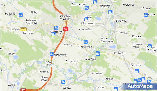 mapa Radkowice gmina Chęciny, Radkowice gmina Chęciny na mapie Targeo