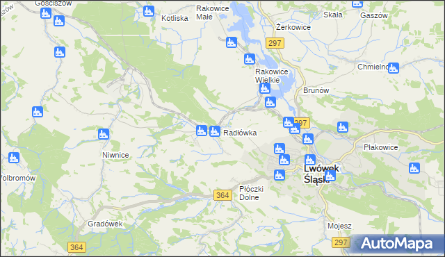 mapa Radłówka gmina Lwówek Śląski, Radłówka gmina Lwówek Śląski na mapie Targeo