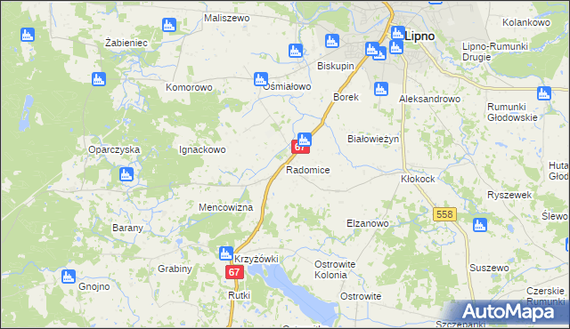 mapa Radomice gmina Lipno, Radomice gmina Lipno na mapie Targeo