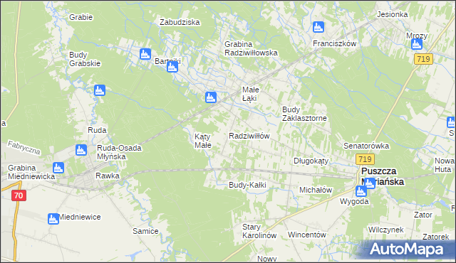 mapa Radziwiłłów gmina Puszcza Mariańska, Radziwiłłów gmina Puszcza Mariańska na mapie Targeo