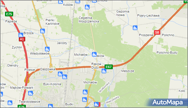 mapa Raków gmina Moszczenica, Raków gmina Moszczenica na mapie Targeo