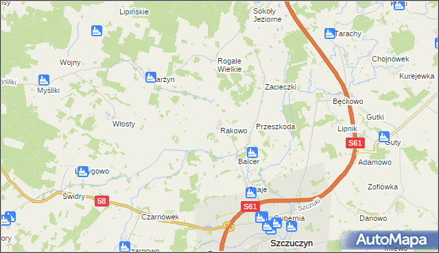 mapa Rakowo gmina Szczuczyn, Rakowo gmina Szczuczyn na mapie Targeo