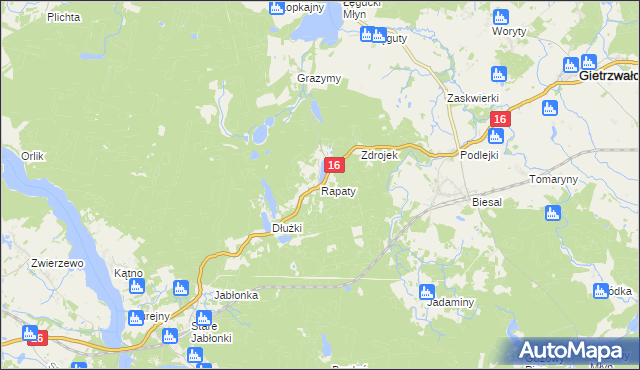 mapa Rapaty gmina Gietrzwałd, Rapaty gmina Gietrzwałd na mapie Targeo