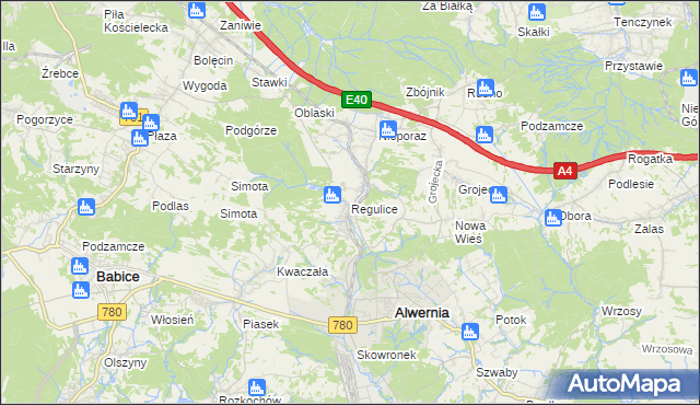 mapa Regulice gmina Alwernia, Regulice gmina Alwernia na mapie Targeo