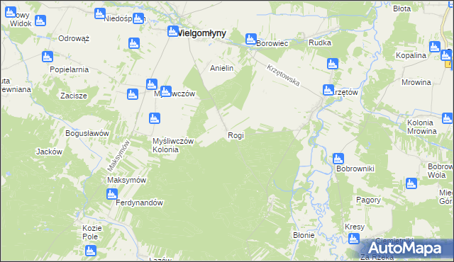 mapa Rogi gmina Wielgomłyny, Rogi gmina Wielgomłyny na mapie Targeo