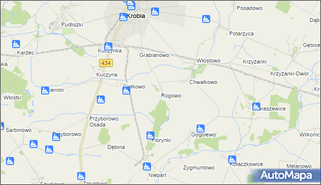 mapa Rogowo gmina Krobia, Rogowo gmina Krobia na mapie Targeo