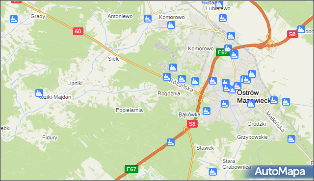 mapa Rogóźnia gmina Ostrów Mazowiecka, Rogóźnia gmina Ostrów Mazowiecka na mapie Targeo