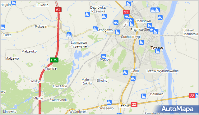 mapa Rokitki gmina Tczew, Rokitki gmina Tczew na mapie Targeo