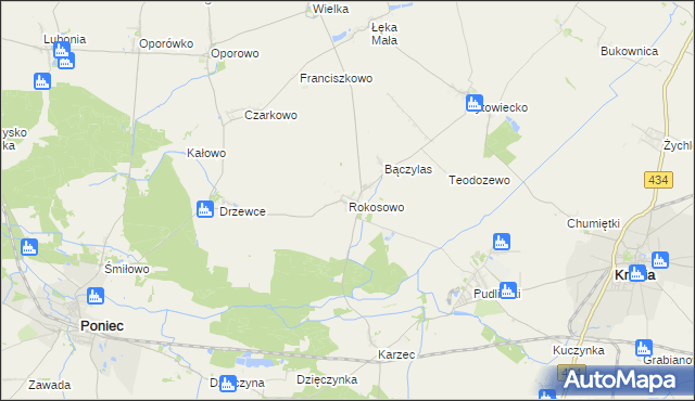 mapa Rokosowo gmina Poniec, Rokosowo gmina Poniec na mapie Targeo