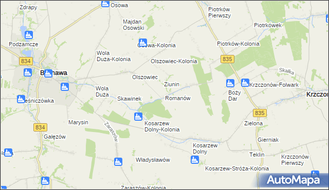 mapa Romanów gmina Bychawa, Romanów gmina Bychawa na mapie Targeo