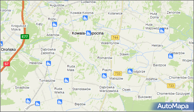 mapa Romanów gmina Kowala, Romanów gmina Kowala na mapie Targeo