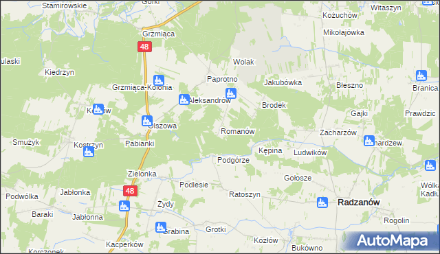 mapa Romanów gmina Wyśmierzyce, Romanów gmina Wyśmierzyce na mapie Targeo