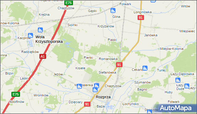 mapa Romanówka gmina Rozprza, Romanówka gmina Rozprza na mapie Targeo
