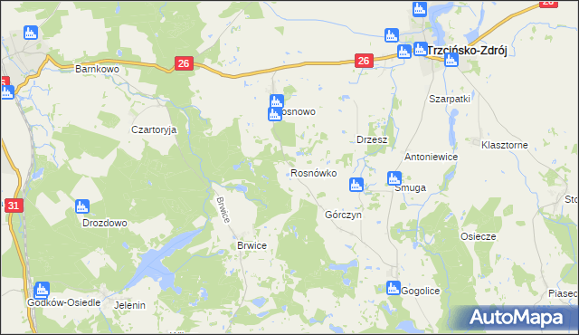 mapa Rosnówko gmina Trzcińsko-Zdrój, Rosnówko gmina Trzcińsko-Zdrój na mapie Targeo