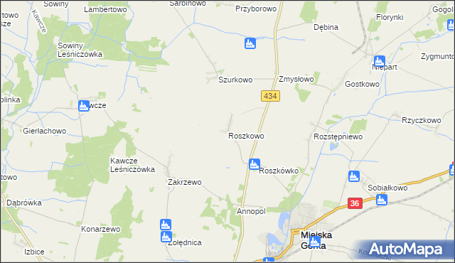 mapa Roszkowo gmina Miejska Górka, Roszkowo gmina Miejska Górka na mapie Targeo