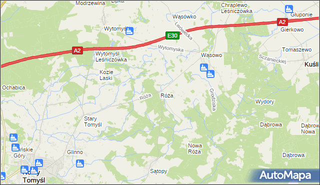 mapa Róża gmina Nowy Tomyśl, Róża gmina Nowy Tomyśl na mapie Targeo