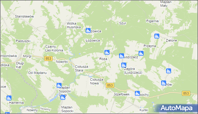 mapa Róża gmina Susiec, Róża gmina Susiec na mapie Targeo