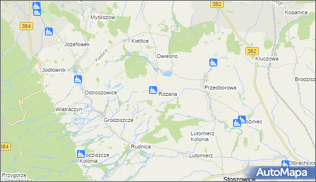 mapa Różana gmina Stoszowice, Różana gmina Stoszowice na mapie Targeo