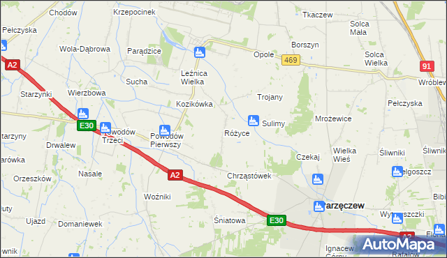 mapa Różyce gmina Parzęczew, Różyce gmina Parzęczew na mapie Targeo