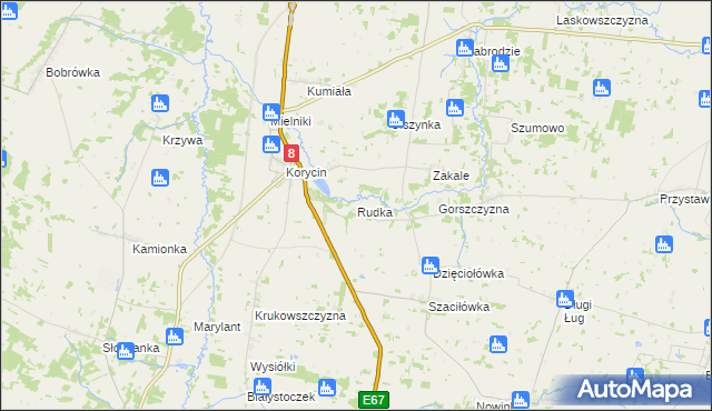 mapa Rudka gmina Korycin, Rudka gmina Korycin na mapie Targeo