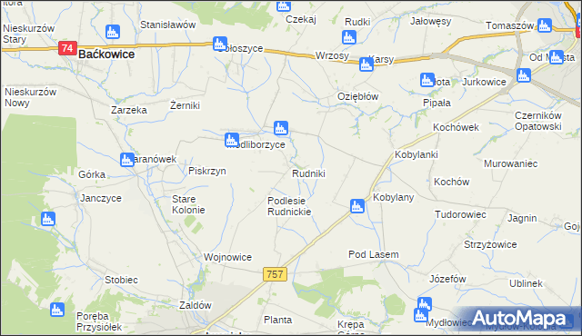 mapa Rudniki gmina Baćkowice, Rudniki gmina Baćkowice na mapie Targeo