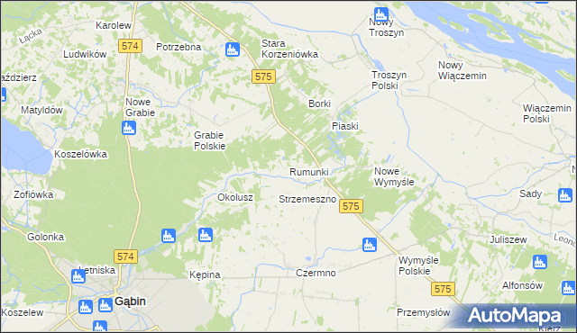 mapa Rumunki gmina Gąbin, Rumunki gmina Gąbin na mapie Targeo