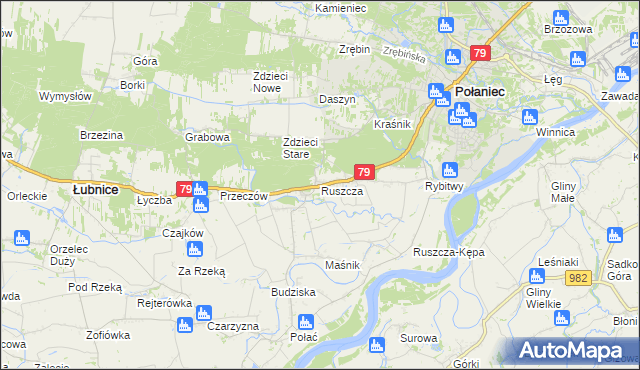 mapa Ruszcza gmina Połaniec, Ruszcza gmina Połaniec na mapie Targeo