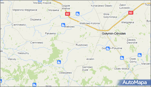 mapa Ruszkowo gmina Gołymin-Ośrodek, Ruszkowo gmina Gołymin-Ośrodek na mapie Targeo