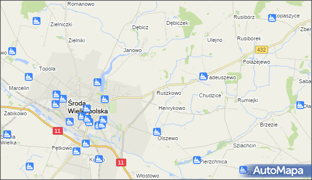 mapa Ruszkowo gmina Środa Wielkopolska, Ruszkowo gmina Środa Wielkopolska na mapie Targeo