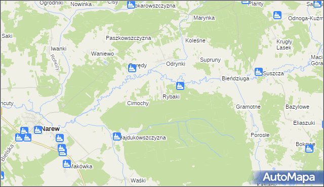 mapa Rybaki gmina Narew, Rybaki gmina Narew na mapie Targeo