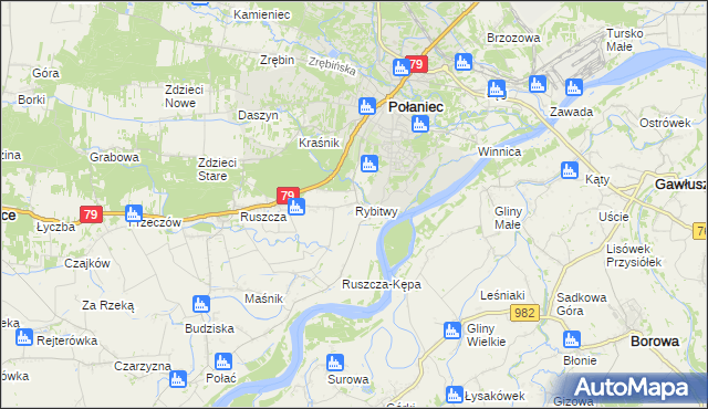 mapa Rybitwy gmina Połaniec, Rybitwy gmina Połaniec na mapie Targeo