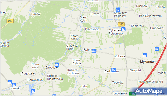 mapa Rybna gmina Mykanów, Rybna gmina Mykanów na mapie Targeo