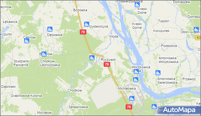 mapa Ryczywół gmina Kozienice, Ryczywół gmina Kozienice na mapie Targeo