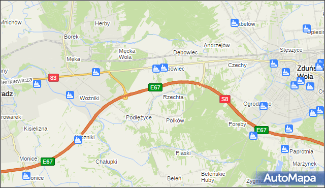 mapa Rzechta gmina Sieradz, Rzechta gmina Sieradz na mapie Targeo