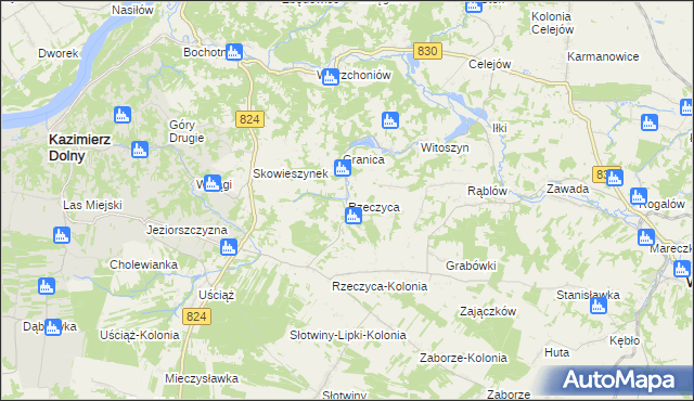 mapa Rzeczyca gmina Kazimierz Dolny, Rzeczyca gmina Kazimierz Dolny na mapie Targeo