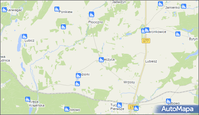 mapa Rzeczyca gmina Tuczno, Rzeczyca gmina Tuczno na mapie Targeo