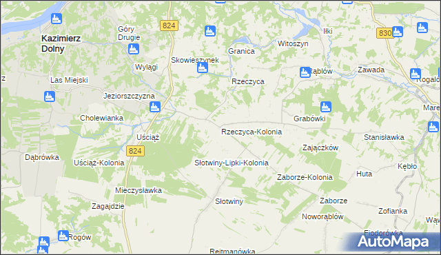 mapa Rzeczyca-Kolonia gmina Kazimierz Dolny, Rzeczyca-Kolonia gmina Kazimierz Dolny na mapie Targeo