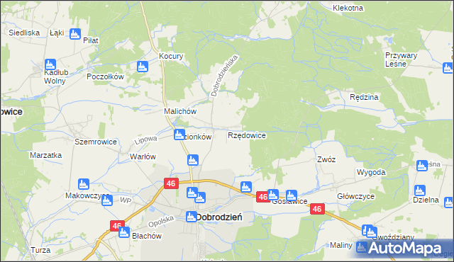 mapa Rzędowice gmina Dobrodzień, Rzędowice gmina Dobrodzień na mapie Targeo