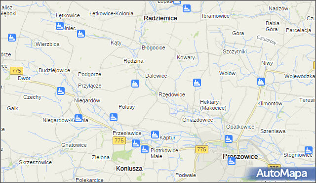 mapa Rzędowice gmina Koniusza, Rzędowice gmina Koniusza na mapie Targeo